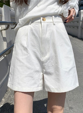 白色中间拉链牛仔短裤夏显高腰小众设计感a字工装显瘦休闲阔腿裤