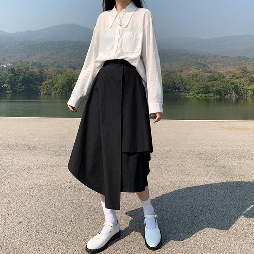 百思朵山本风尖领长裙子白色衬衫