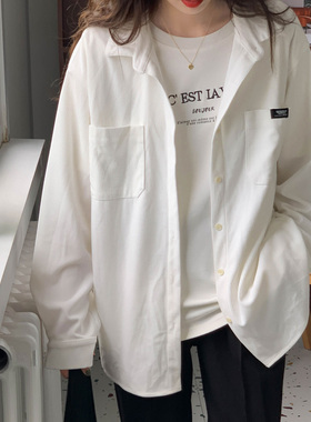 百思朵白色衬衫女宽松慵懒风设计感小众长袖灯芯绒衬衣中长款外套
