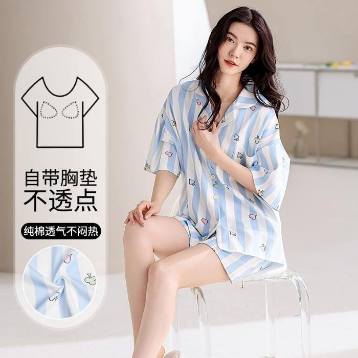 免穿文胸内衣带胸垫睡衣女士夏季短袖短裤开衫家居服两件套装包邮