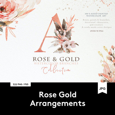 Rose Gold Arrangements 清新玫瑰金色花卉树枝字符水彩剪贴画