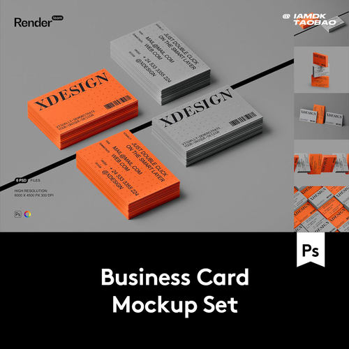 6款时尚品牌VI设计办公用品商务名片卡片展示贴图PSD样机模板素材