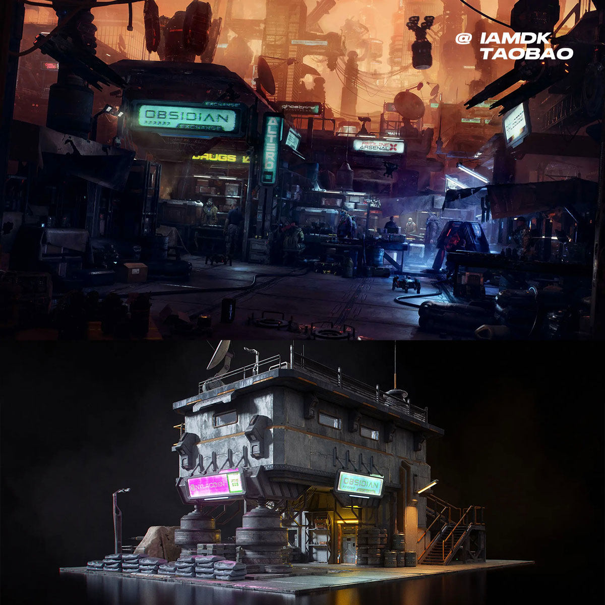 Blender赛博朋克霓虹黑市城市建筑武器库3D模型资产 Black Market