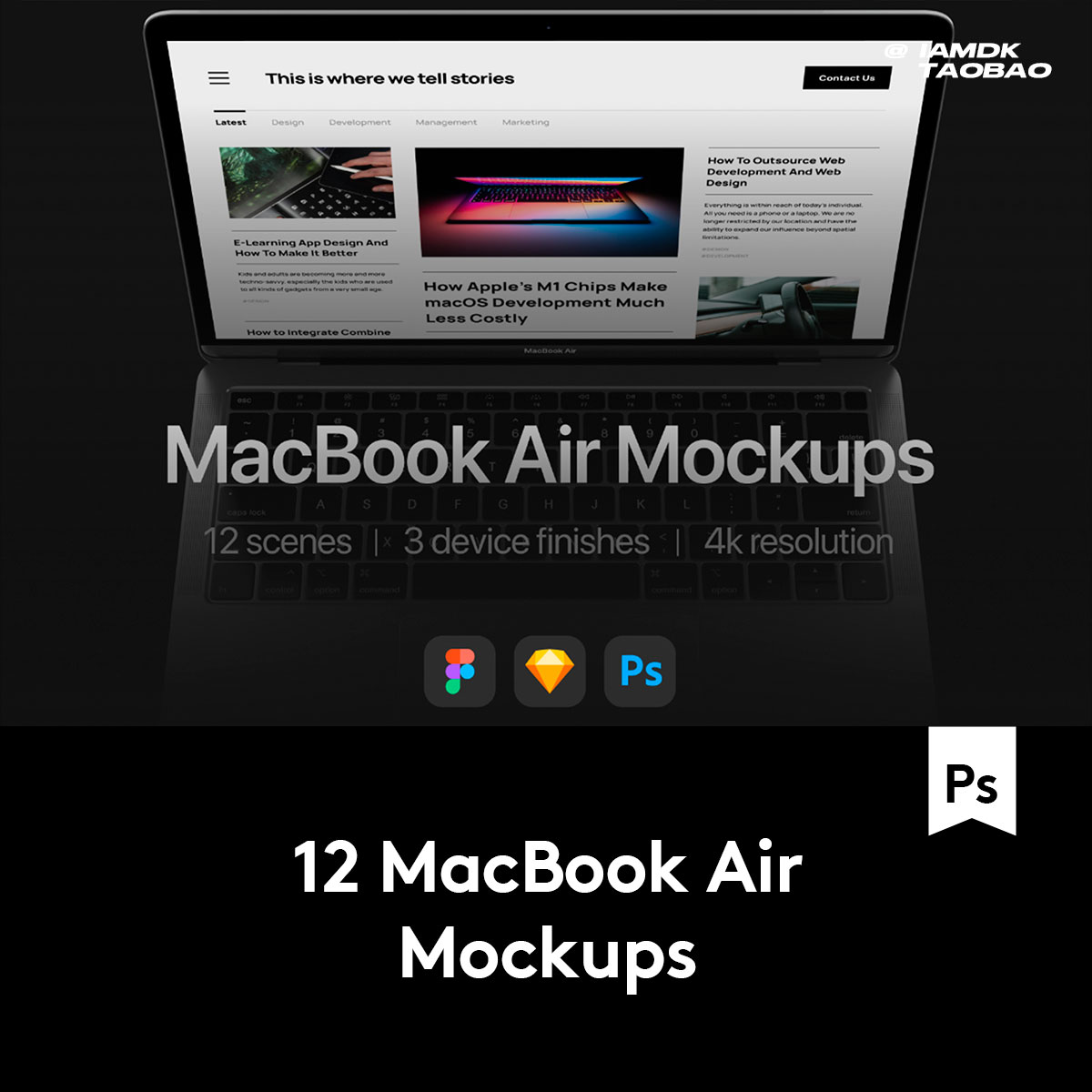 暗黑系网站UI界面设计MacBook Air笔记本电脑展示效果图PSD样机