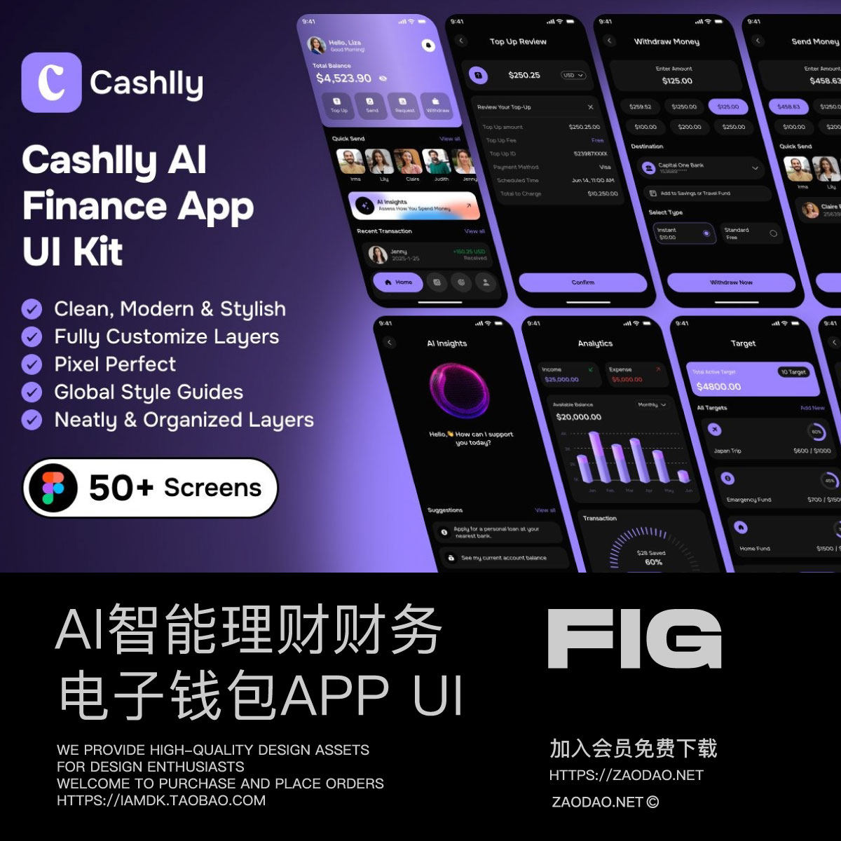 50+屏AI智能加密货币财务金融电子钱包app ui界面设计figma模板