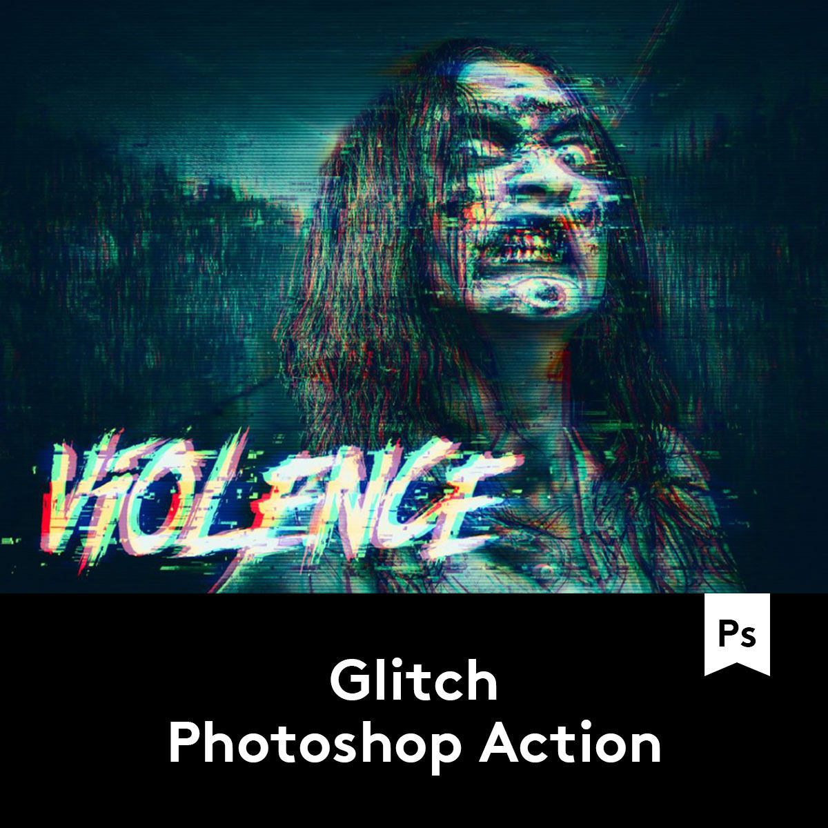 Glitch Photoshop Action 故障风毛刺效果人像图片后期处理PS动作