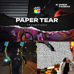 Fcpx插件 50组嘻哈说唱风纸张撕裂纹理拼贴艺术视频转场过渡预设