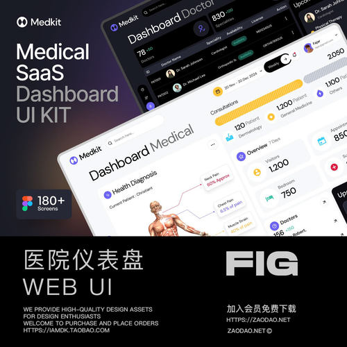 180屏双配色医院医疗SaaS数据看板仪表盘界面WEB UI设计Figma模板
