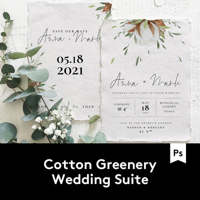 Greenery Wedding Suite 棉花绿叶元素婚礼邀请卡桌牌设计PSD模板