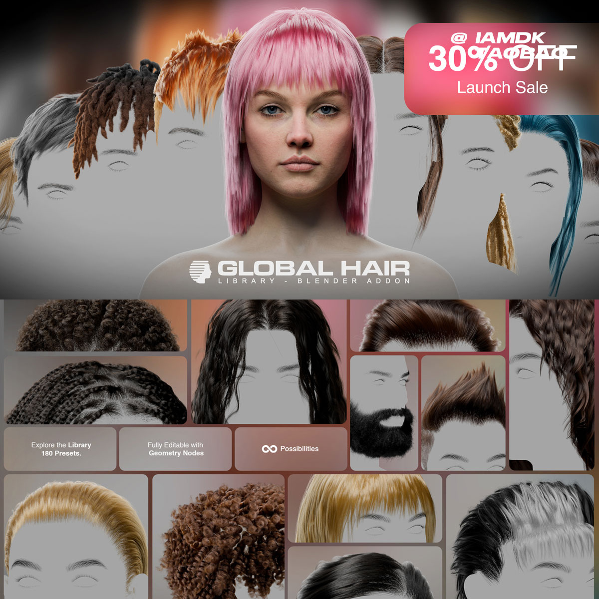 Blender人物角色发型库头发胡须3D资产预设插件 Global Hair