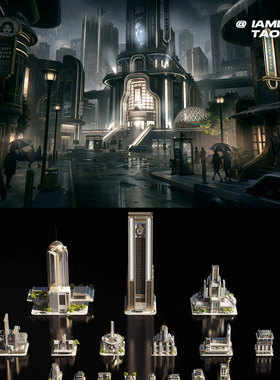 黑色复古未来主义高楼建筑3D模型C4D/Blender/FBX/OBJ/MAX/Maya等