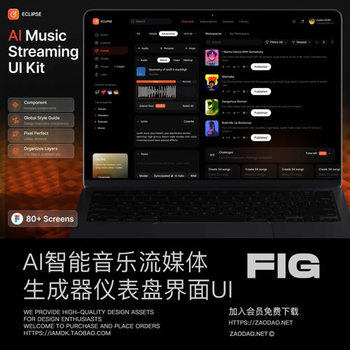 80+屏暗黑AI智能音乐生成器流媒体SaaS平台仪表盘UI设计Figma模板