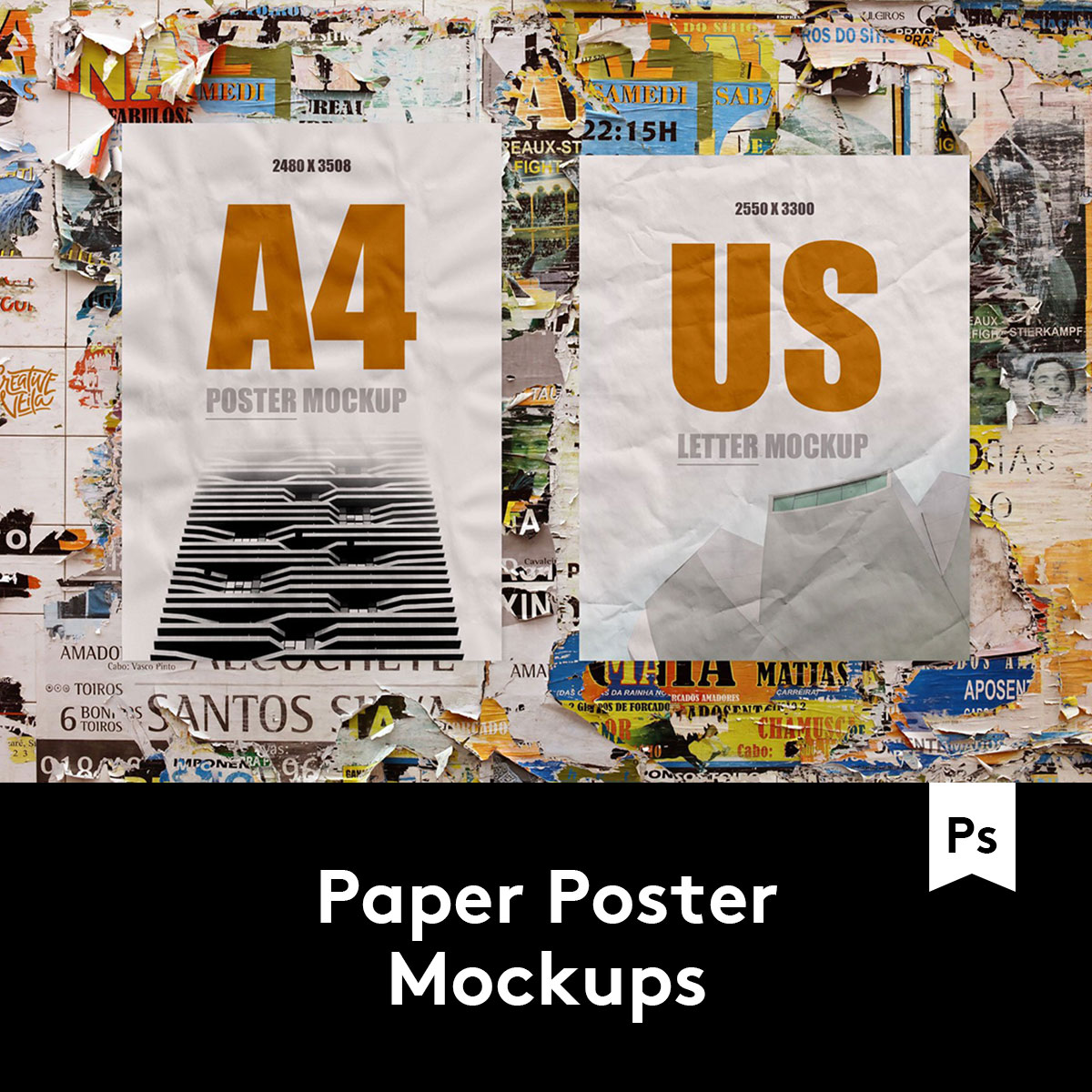 Paper Poster Mockups 16种褶皱街头墙贴海报设计展示样机PSD模板-封面