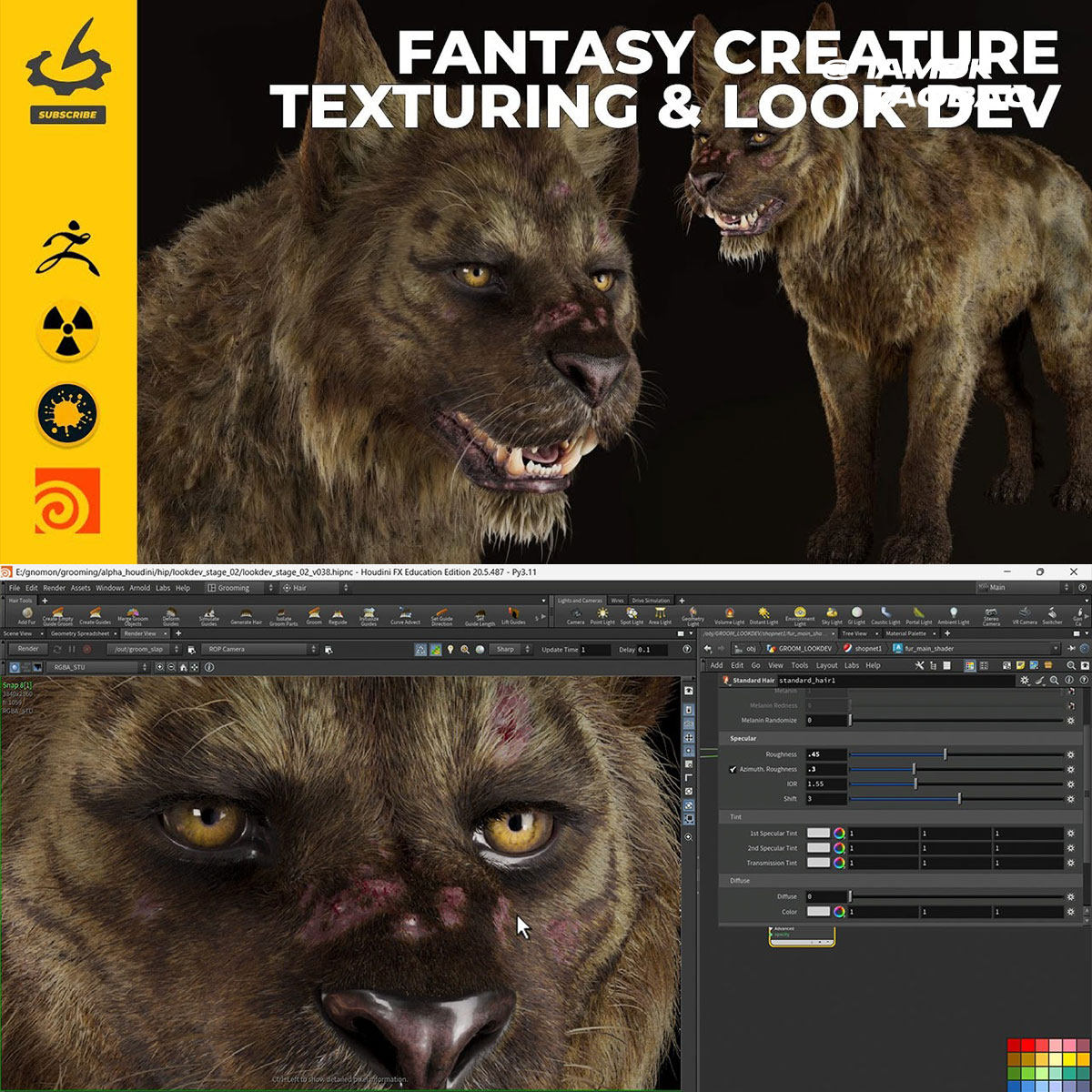 Houdini Nuke Mari ZBrush动物毛发着色器3D材质教程 中文字幕