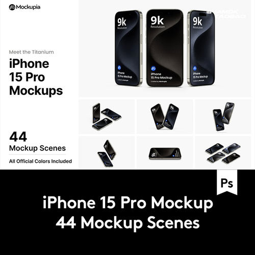 44款时尚APP用户界面设计iPhone 15 Pro屏幕演示贴图PSD样机模板