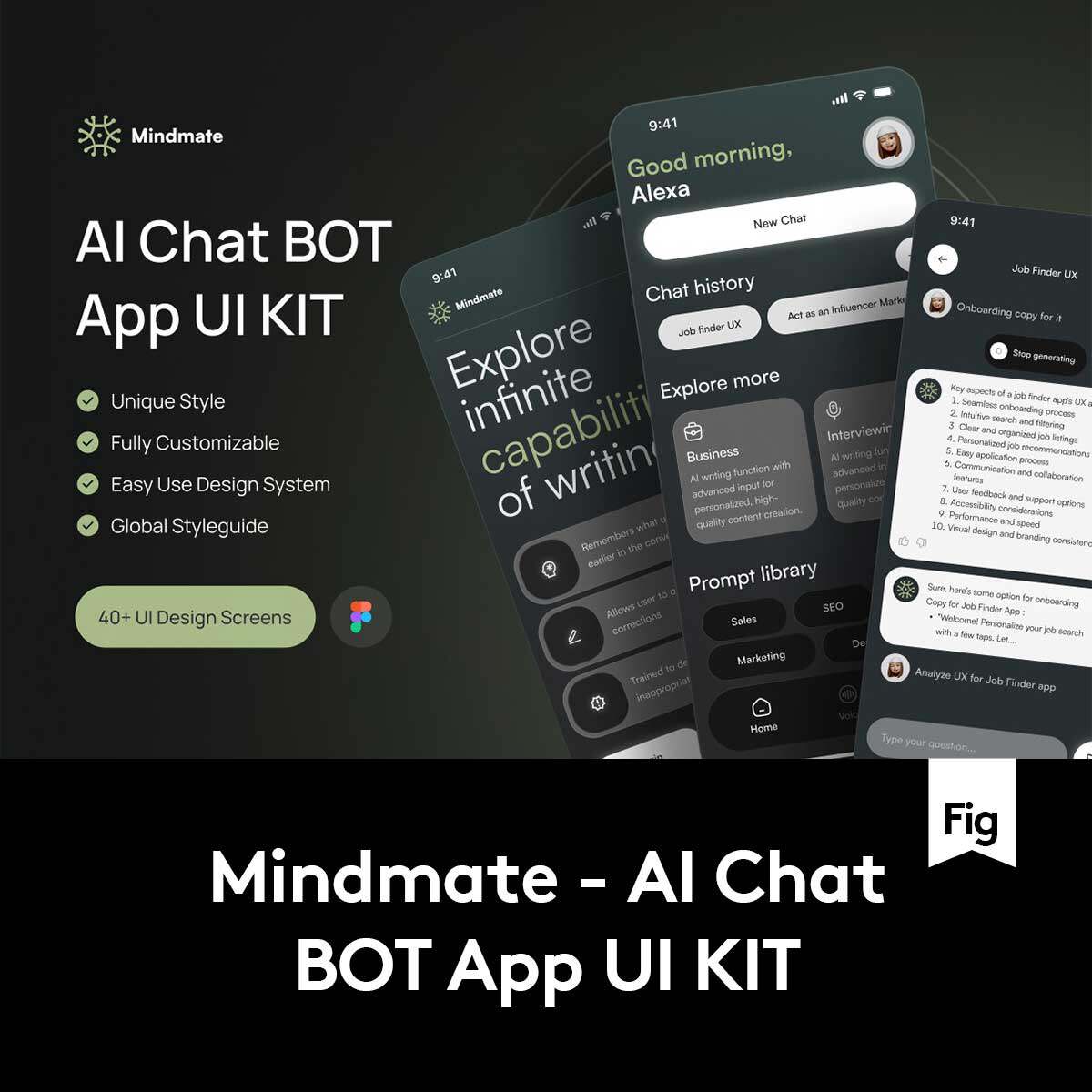 40+屏高级创意AI智能聊天机器人APP用户界面设计Figma模板套件