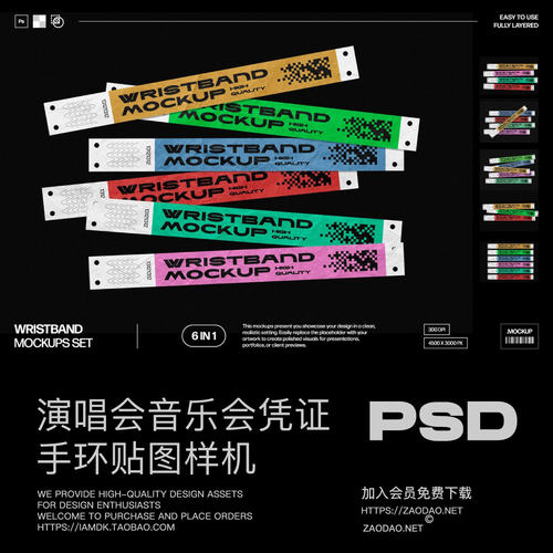 6款音乐演唱会展览会游乐场通行证凭证手环设计ps展示效果图样机