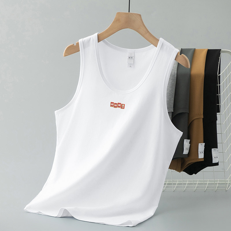 莫代尔无袖背心男夏季冰丝凉感速干运动健身吊带印花坎肩白色汗衫