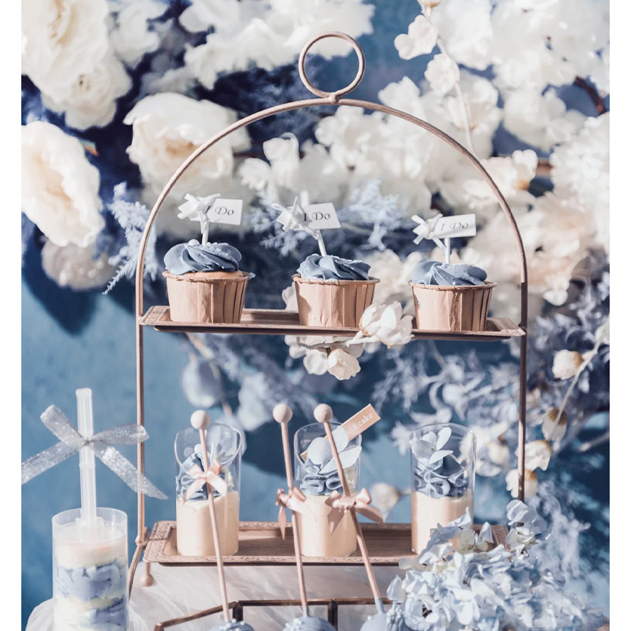 雾霾静谧蓝莫兰迪蓝白色婚礼生日派对清新甜品台装饰蛋糕布丁插牌