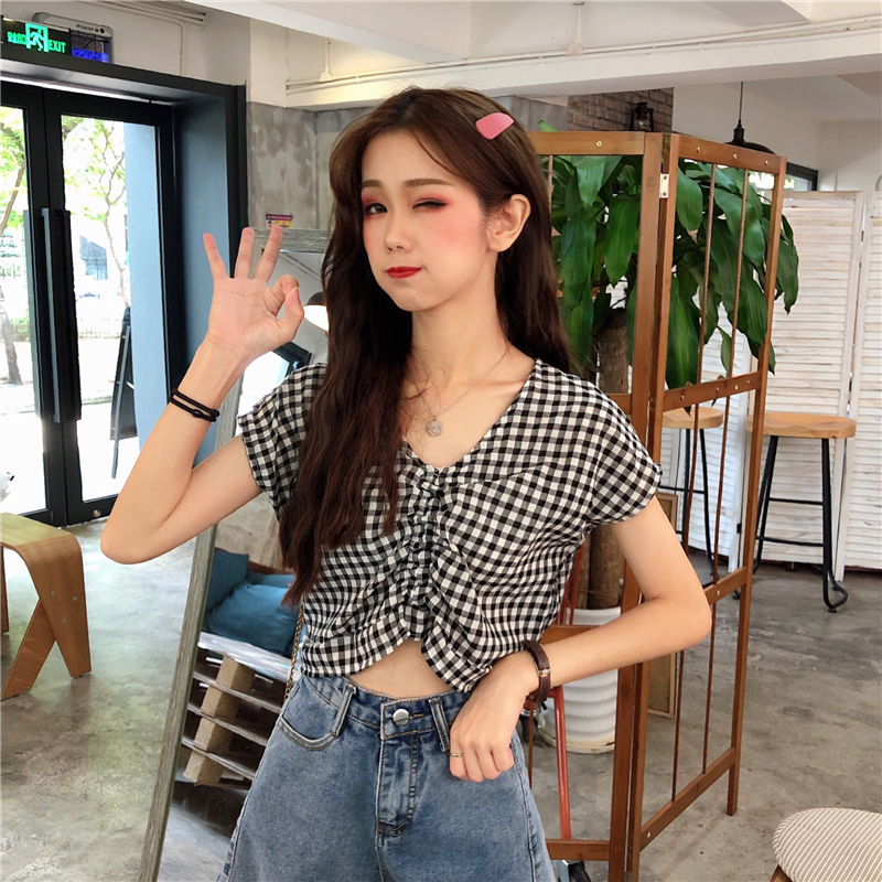 Real price summer thin French short plaid V-neck short sleeve navel shirt