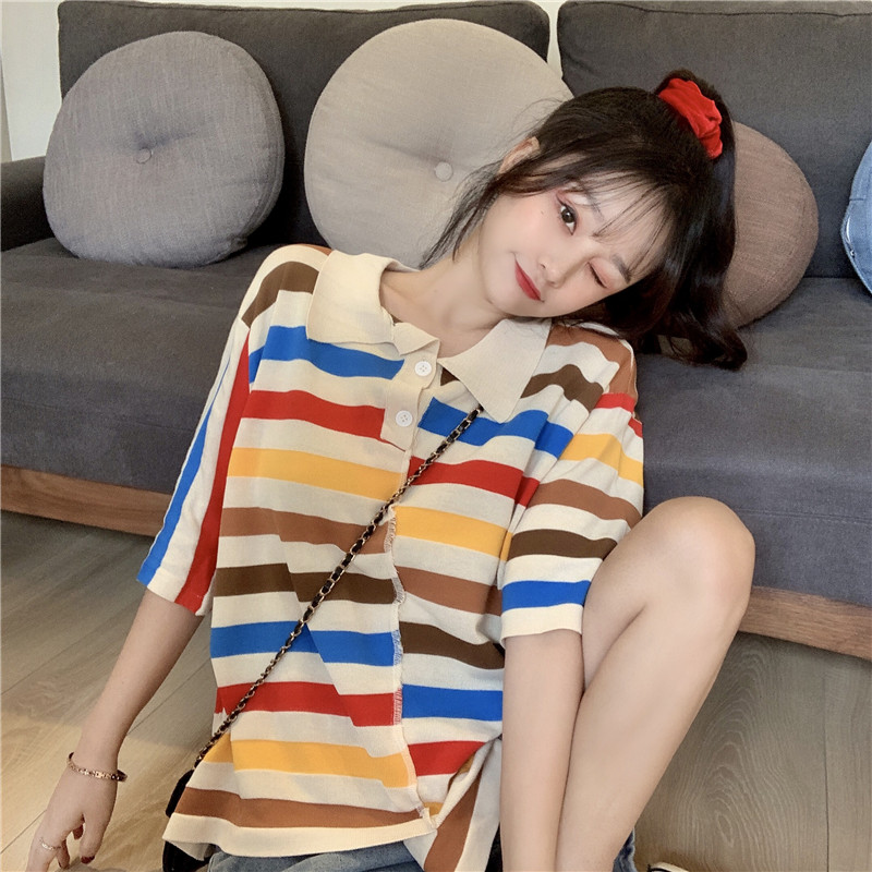Real price real shot knitted stripe T-shirt women's summer asymmetrical contrast color splicing loose thin short sleeve polo