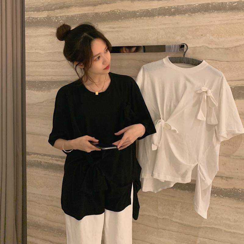 Real price real shot summer Korean versatile solid color loose bow irregular Cotton Short Sleeve T-Shirt