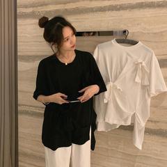Real price real shot summer Korean versatile solid color loose bow irregular Cotton Short Sleeve T-Shirt