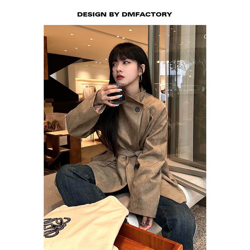 呆毛 美式复古麂皮绒短款风衣外套女2024春秋新款小个子夹克上衣