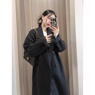黑灰色双面羊绒大衣女中长款2025秋冬新款韩版宽松高端羊毛呢外套