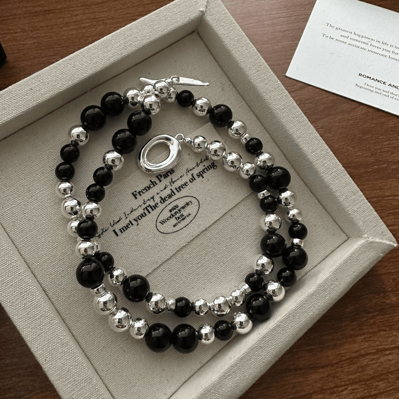 925纯银重工时尚OT扣美拉德黑玛瑙圆珠项链春夏简约高级感锁骨链