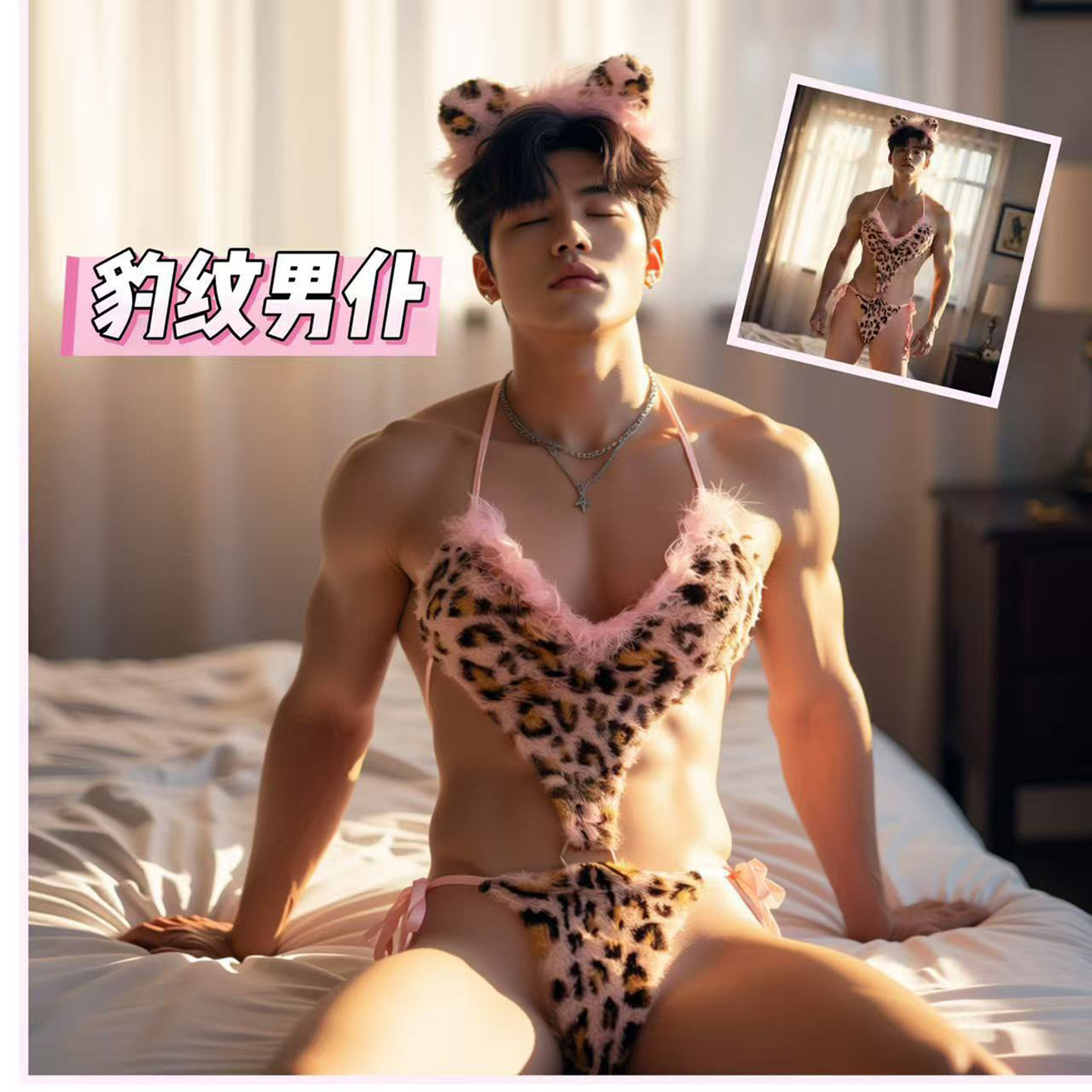 肌肉豹纹胸罩男款性感三点式套装