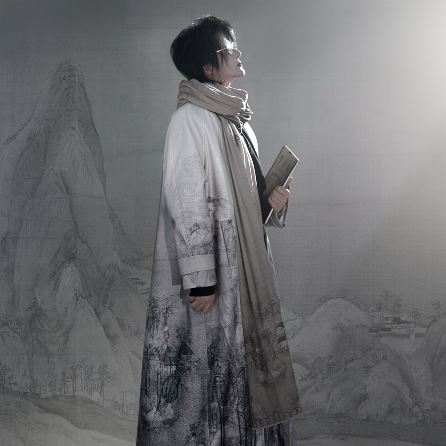 风雅司制原创千里江山图毛呢大衣