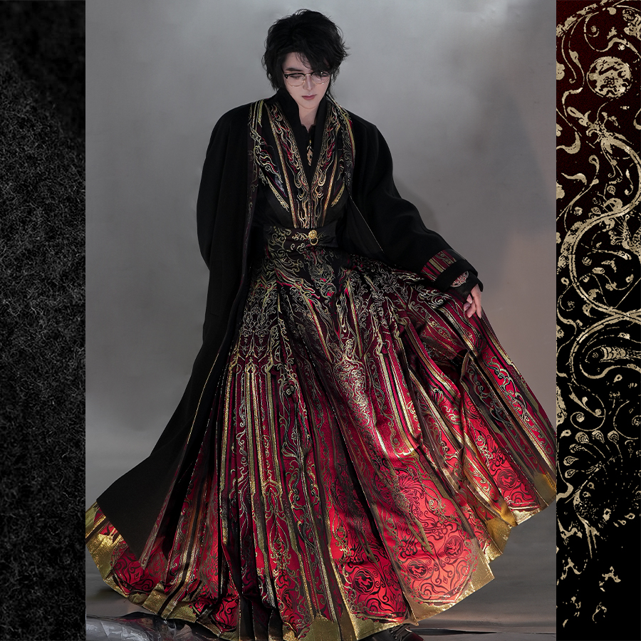 风雅司制红金毛呢加长大衣汉元素大摆