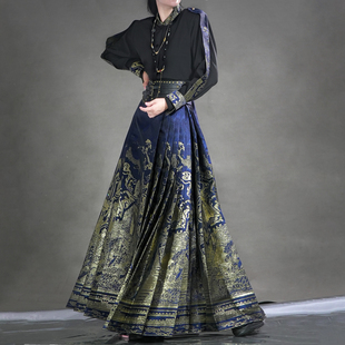 长城宝蓝色马面裙新中式 风雅司制原创