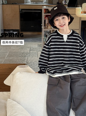 童酷2026男童春季新款时尚条纹中小童上衣韩版小V领假两件儿童T恤