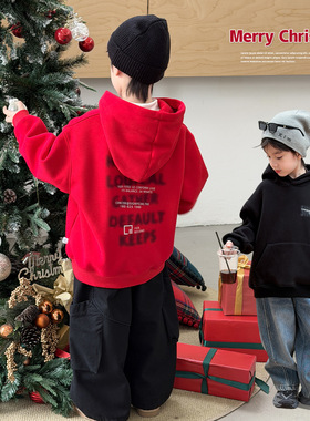 儿童冬装男童加绒卫衣2025冬季新款中大童衣服小男孩洋气红色上衣