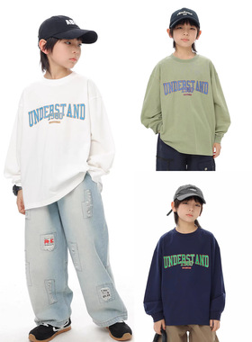 儿童T恤2026山系春季新款男童三色字母印花长袖t中小童休闲上衣潮