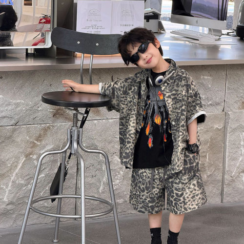 泰如2026夏季新款韩版儿童水洗豹纹固色透气套装男童短袖短裤潮