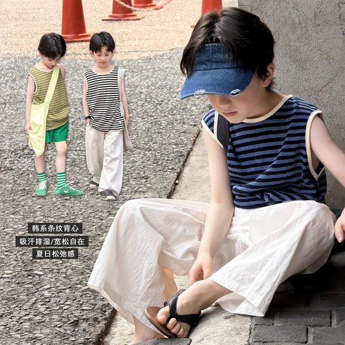 儿童夏装背心男童无袖t恤夏款2026夏季中大童条纹透气短袖上衣潮