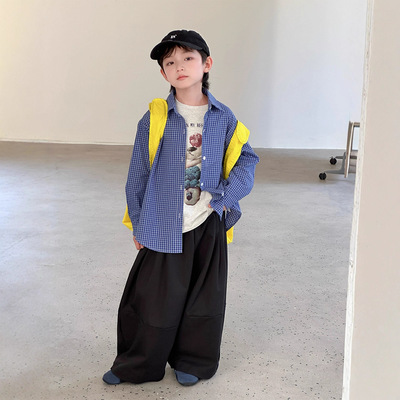 2025秋季新款韩版儿童宝蓝色格子衬衫男女童百搭翻领单排扣衬衣