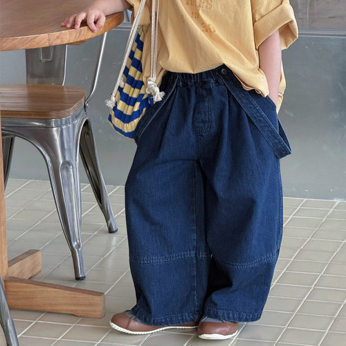 YX奶酪与喵男童吊带牛仔裤2026年春款深蓝宽松阔腿休闲百搭儿童