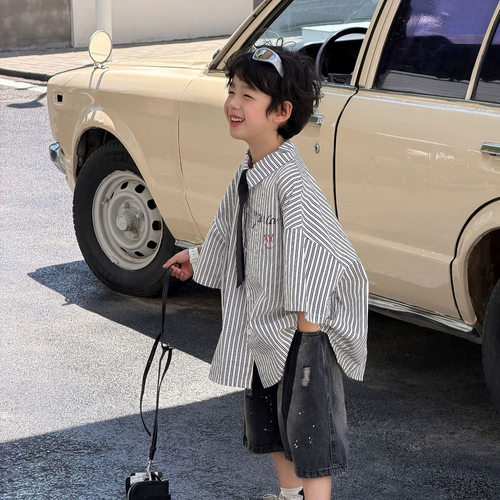 泰如2026夏季新款儿童学院风薄款透气条纹衬衫男童时尚休闲短袖t