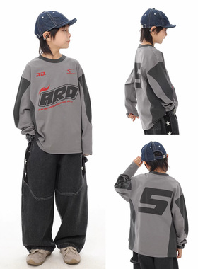 儿童T恤2026春季新款潮酷童装时尚拼色长袖t男宝帅气数字印花上衣