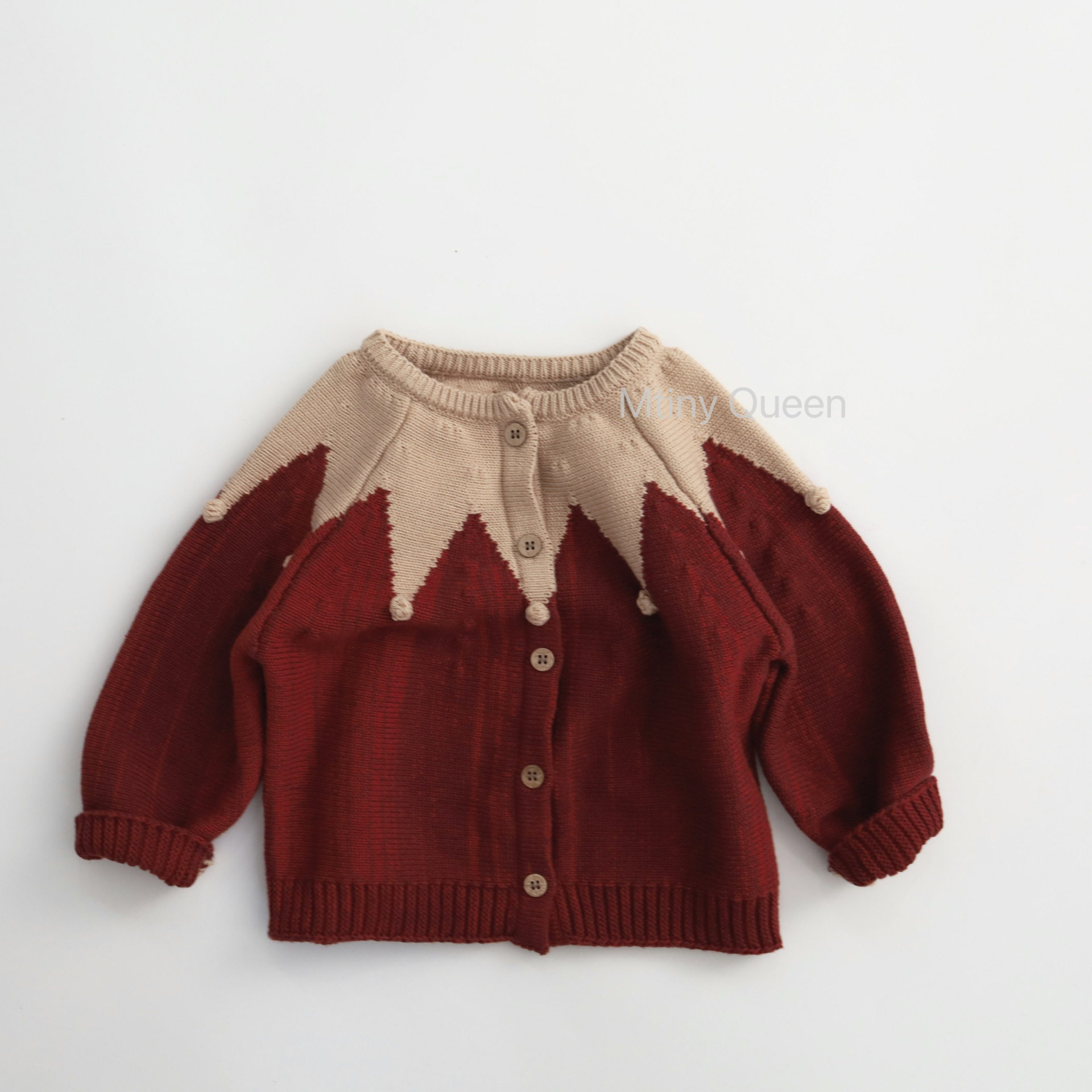 Mtinyqueen～暗红混穿撞色 棉手工球针织外套儿童开衫男女宝森,童装/婴儿装/亲子装,毛衣/针织衫,淘宝优惠券,粉丝福利购,淘宝优惠卷