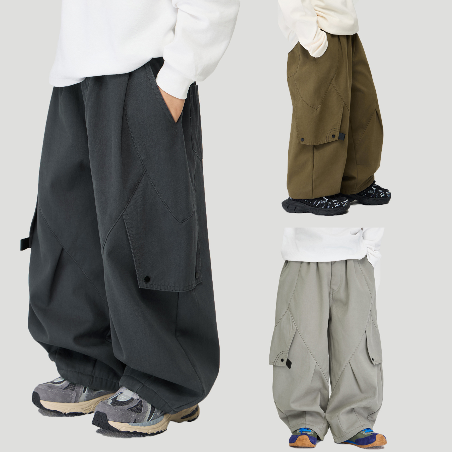 2025冬季新款儿童美式高街加厚休闲裤男中大童柔软一体绒工装裤潮