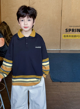 童酷2026男童春款时尚字母刺绣宝宝T恤条纹假两件拼色儿童POLO衫