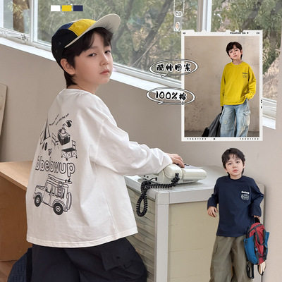 酷帅潮童2026春韩版帅气字母卡通上衣中大童舒适全棉宽松长袖T恤
