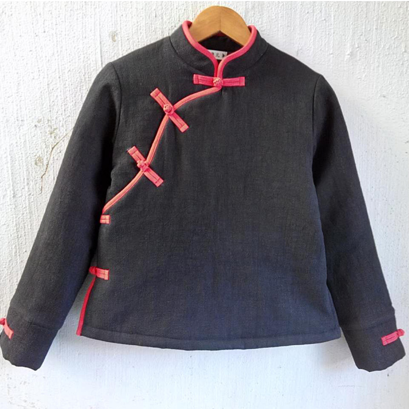 亚麻包边立领偏襟盘扣中式棉袄