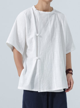新中式汉服棉麻唐装圆领半臂短衫纯色夏季日常通勤舒适透气男女款