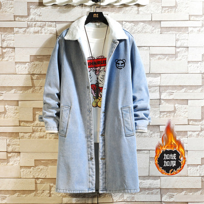 美式vintage中长款风衣男冬季加绒加厚大码夹克潮流痞帅牛仔外套